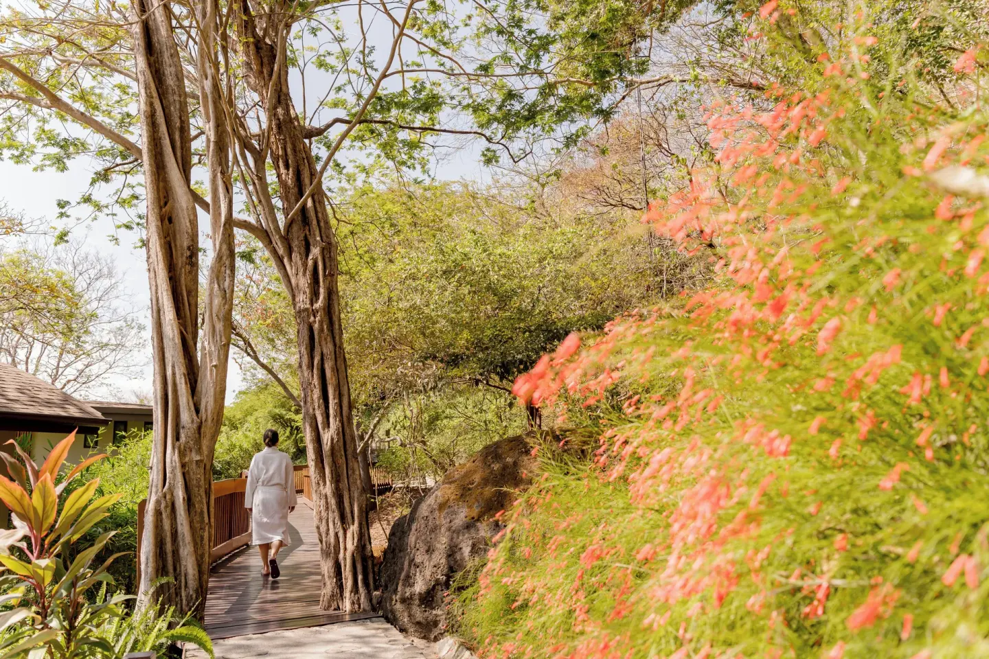 Guest in a robe walking a garden path at Andaz Peninsula Papagayo Resort, Costa Rica.