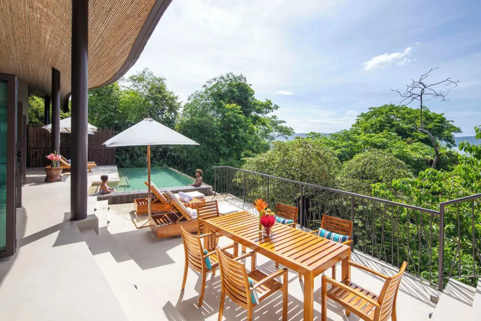 Pool suite terrace with dining table and plunge pool at Andaz Peninsula Papagayo Resort, Costa Rica.