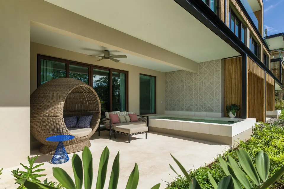 Villa terrace with plunge pool and lounge seating at Andaz Peninsula Papagayo Resort, Costa Rica.
