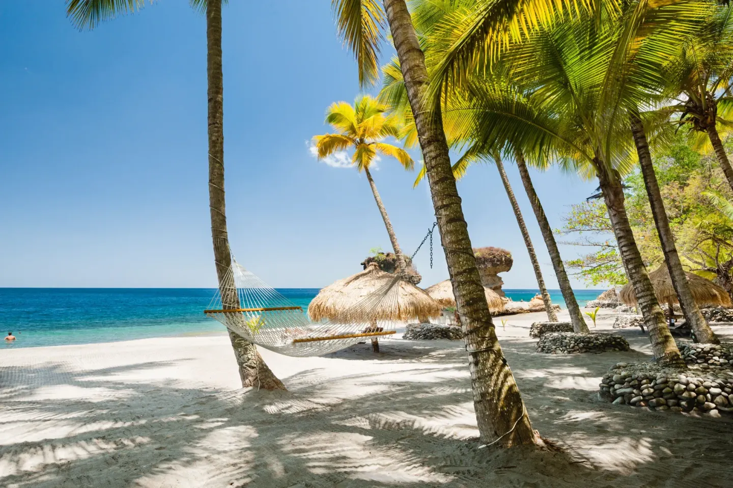 Hammock strung between palm trees on the beach at Anse Chastanet Resort.