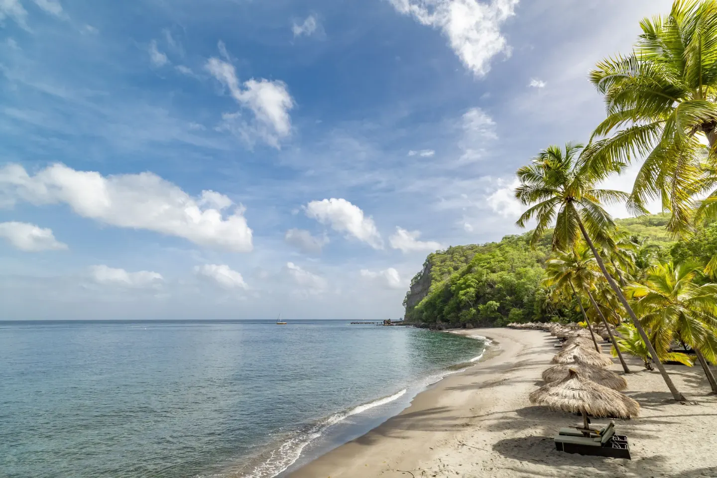 Wide beach, calm sea, palms and thatched shade at Anse Chastanet Resort.
