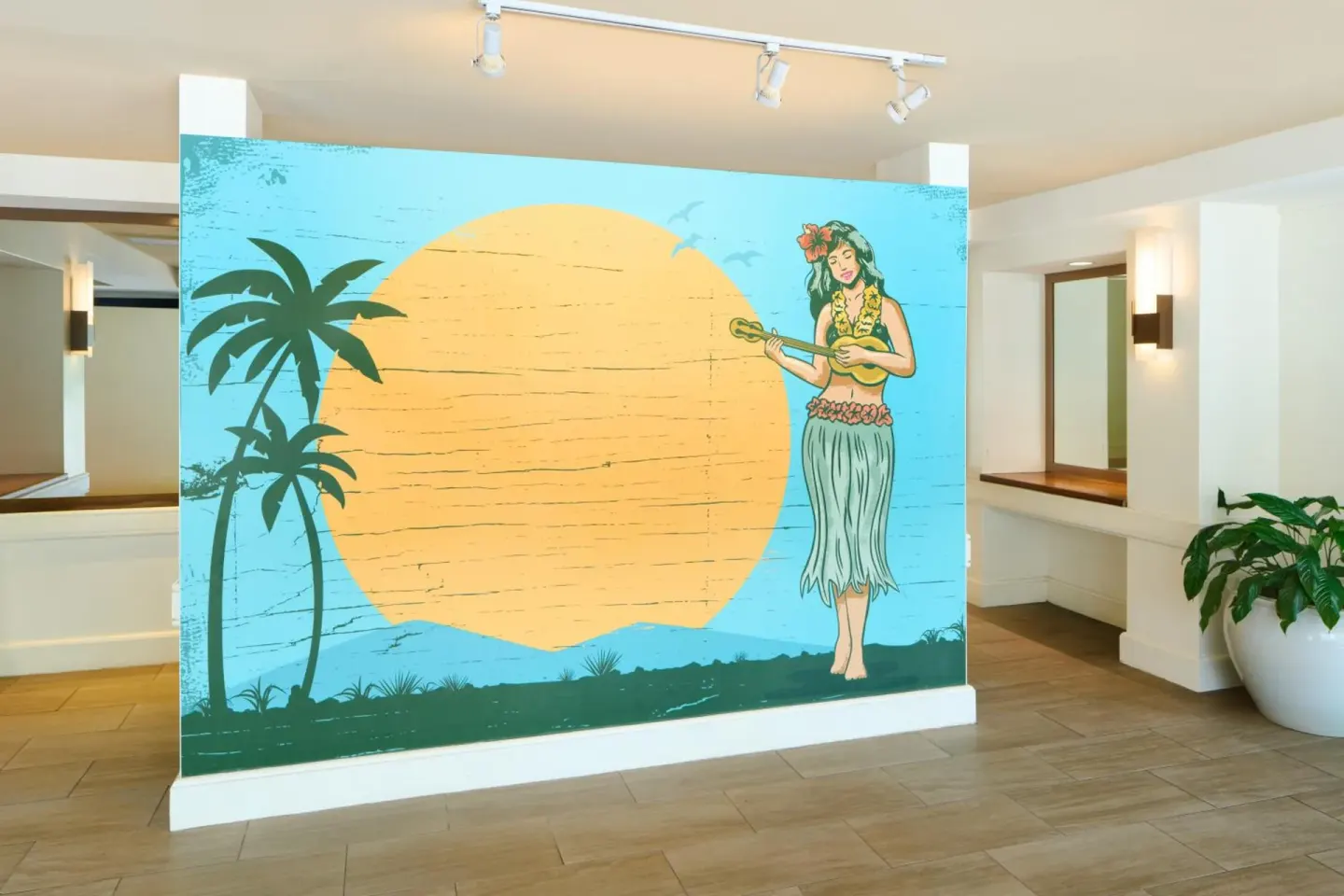 Lobby mural with palm trees, sunset and hula figure at Aqua Palms Waikiki.