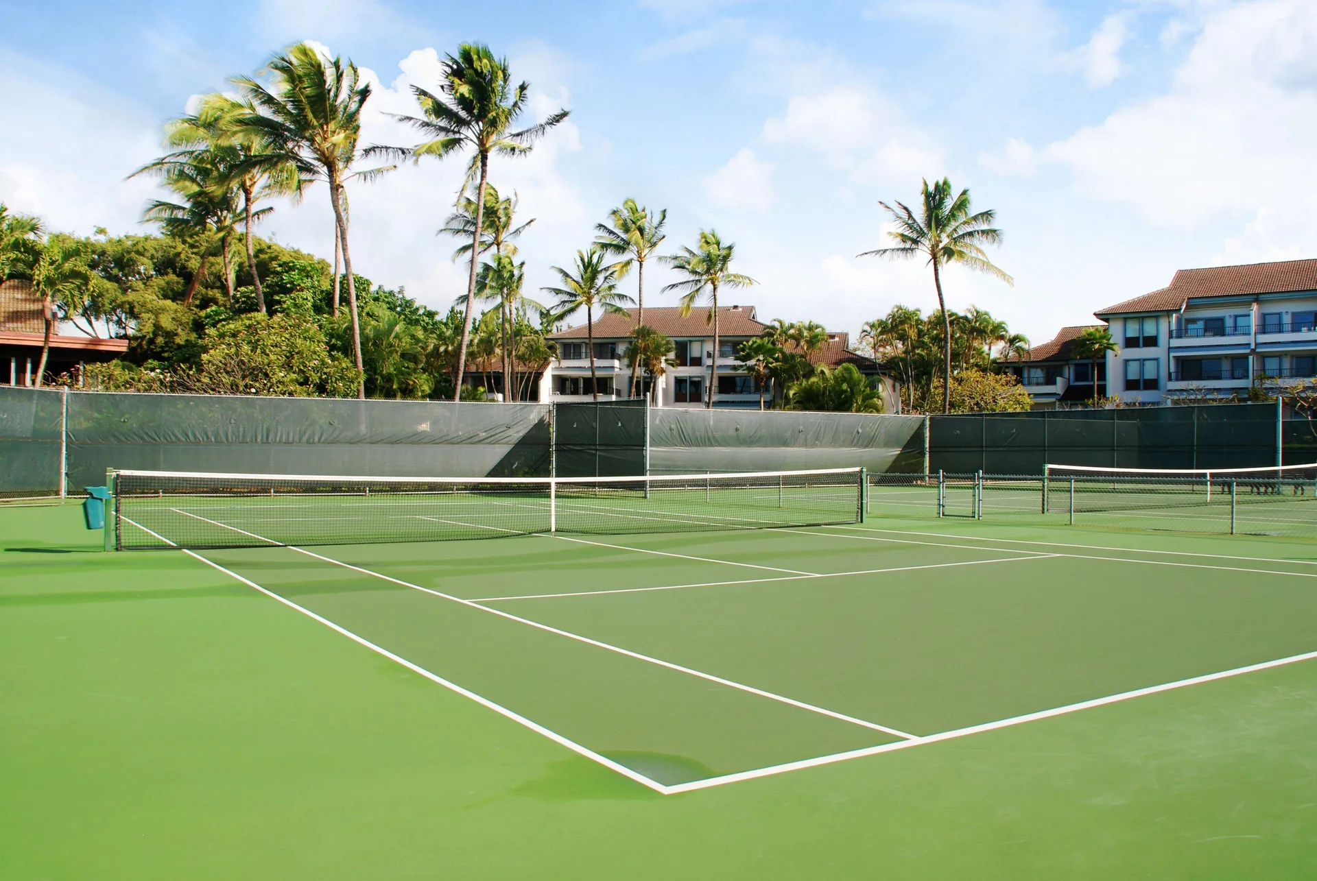 Tennis courts with green surfaces and palm trees at Aston at Poipu Kai.