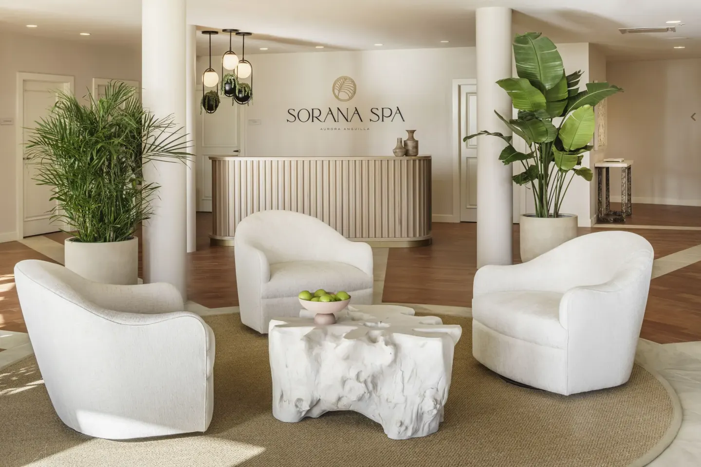 The Sorana Spa reception lounge at Aurora Anguilla Resort & Golf Club.