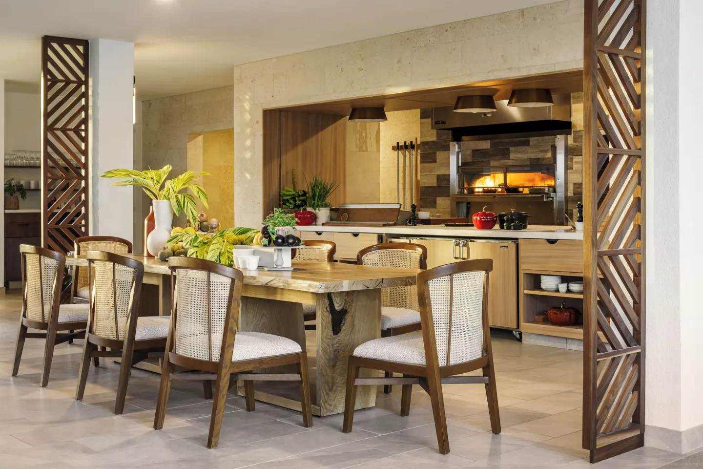Chef's table dining area with open kitchen at Aurora Anguilla Resort & Golf Club.