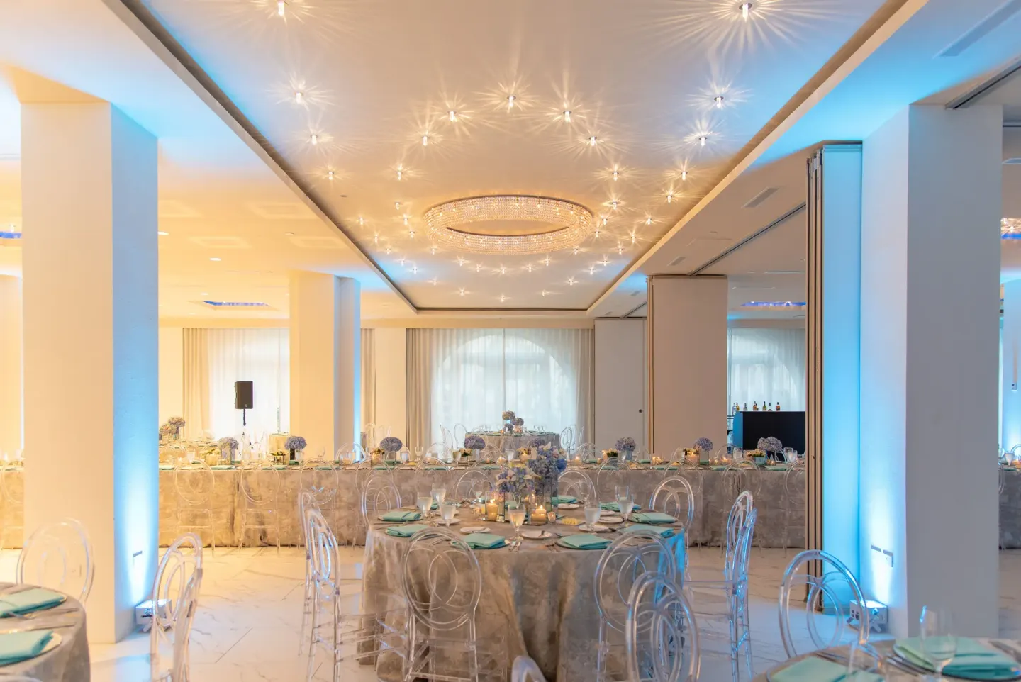Elegant banquet room set for an event at Aurora Anguilla Resort & Golf Club.