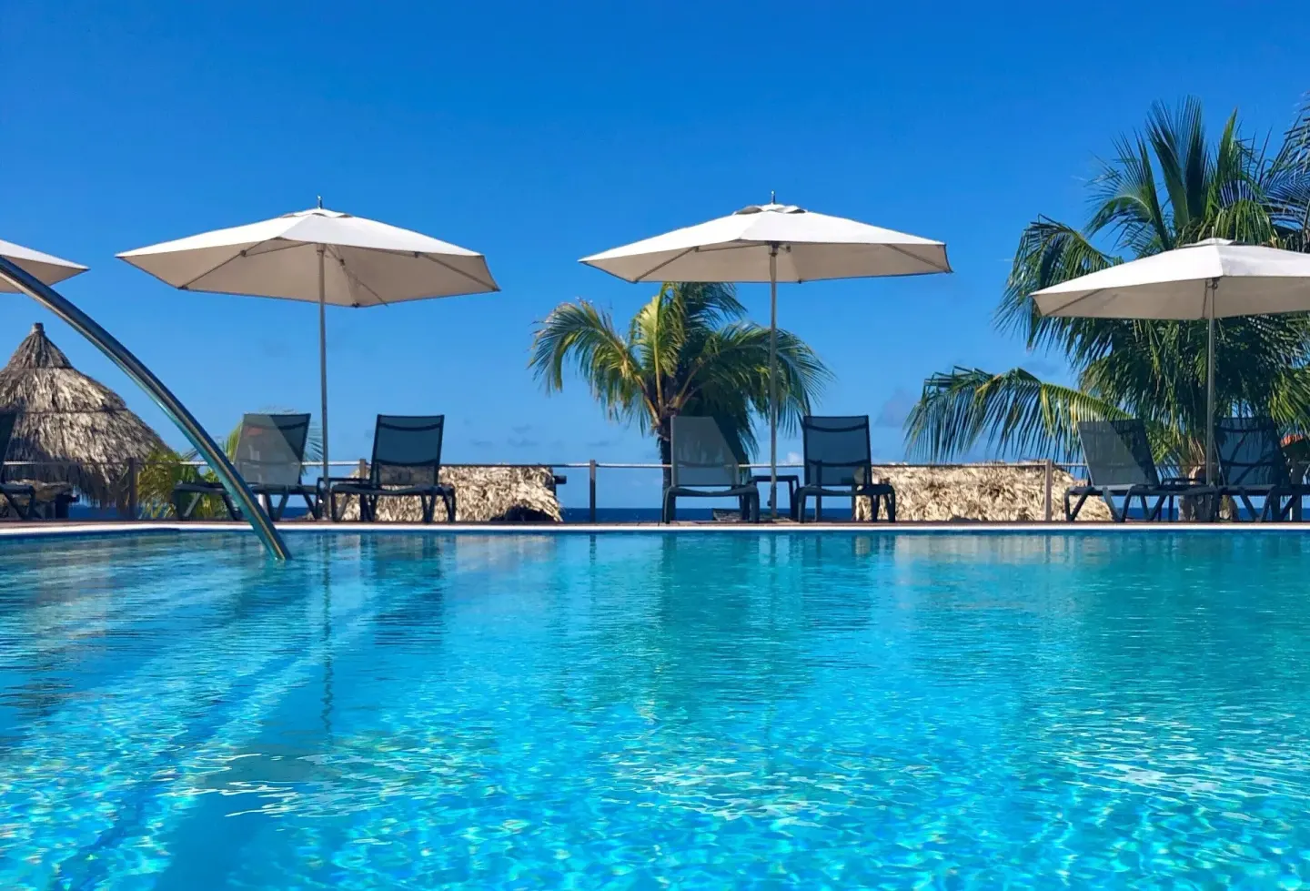 Pool with umbrellas, loungers, palms, and ocean beyond at Avila Beach Hotel.