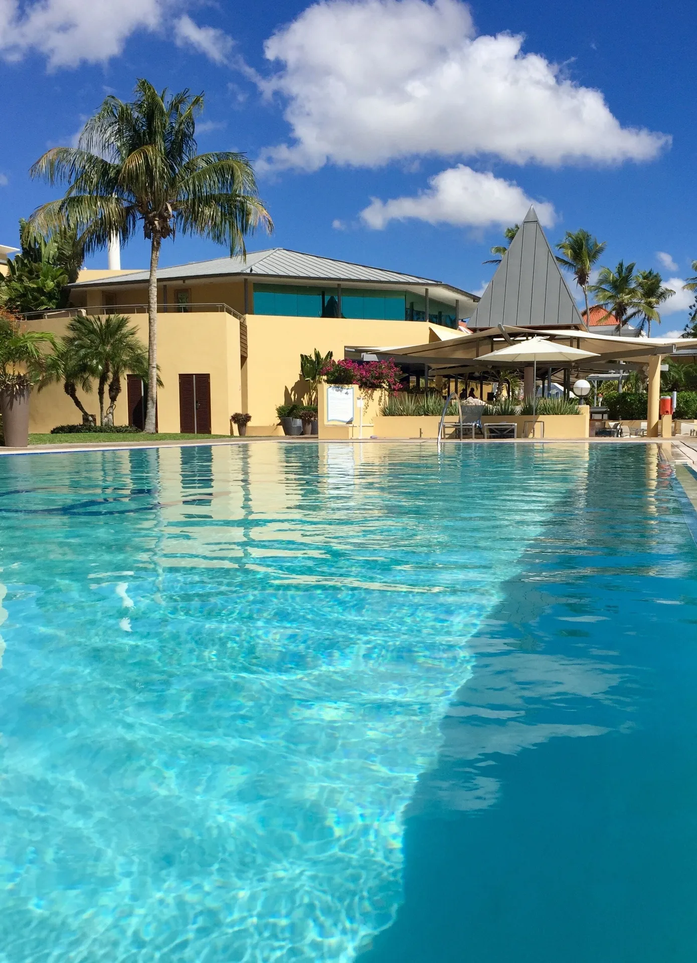 Swimming pool with resort buildings and palm trees at Avila Beach Hotel.