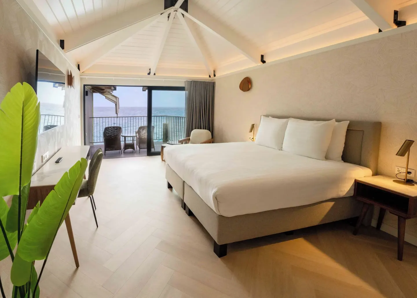 Deluxe Oceanfront room with king bed, balcony, and sea view at Avila Beach Hotel.