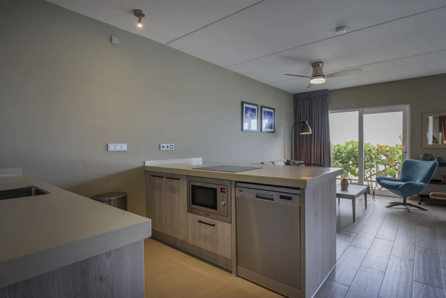 Royal Three Bedroom Apartment kitchenette and sitting area at Avila Beach Hotel.