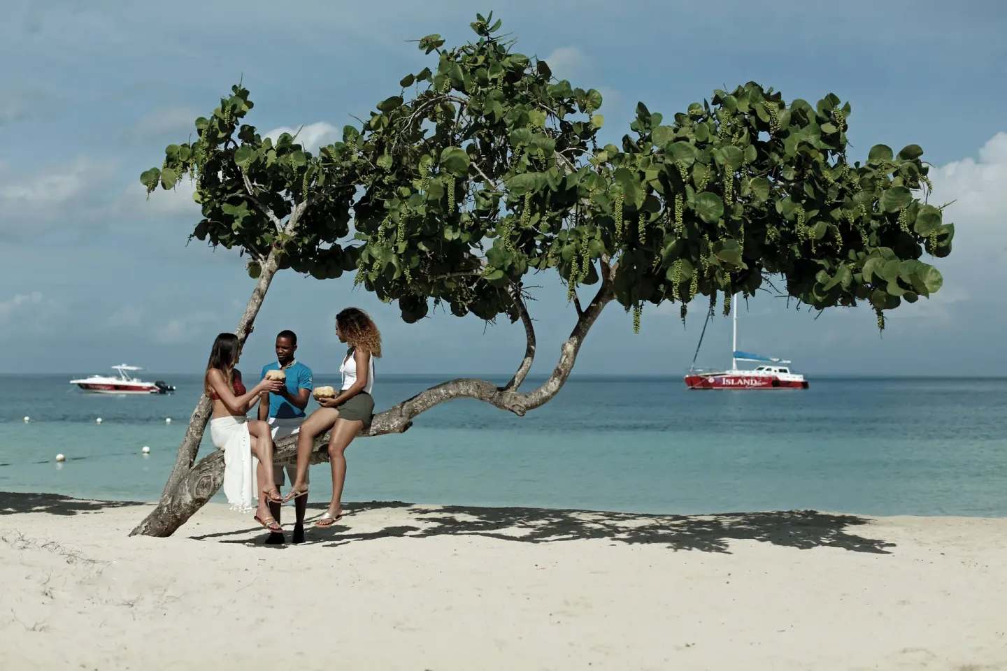 Guests gathering beneath a beach tree by the sea at Azul Beach Resort Negril.