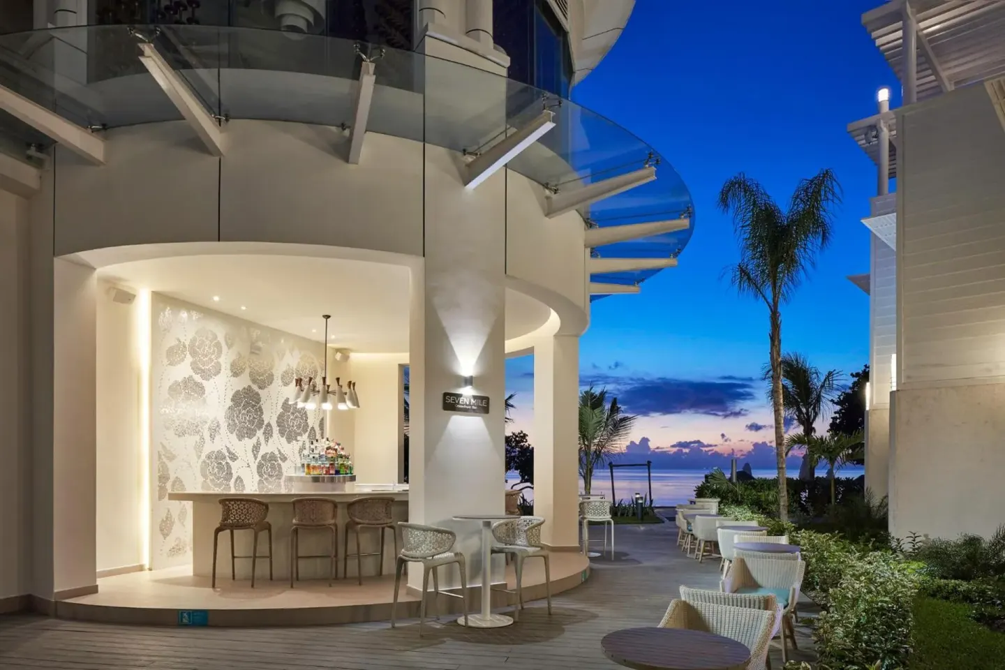 Seven Mile bar terrace at dusk at Azul Beach Resort Negril.