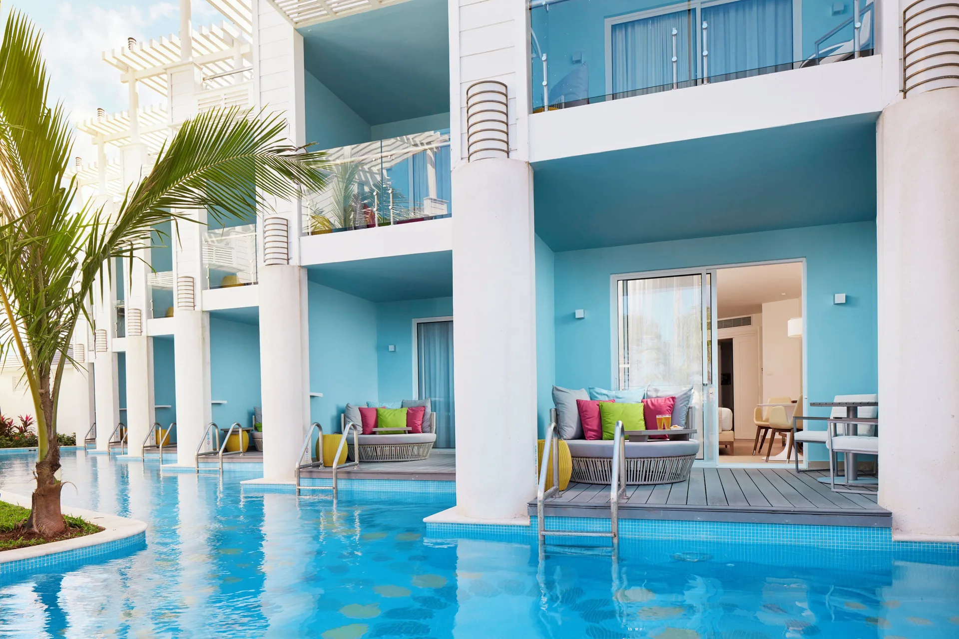 Swim-up terraces outside Premium Suite Ocean View rooms at Azul Beach Resort Negril.