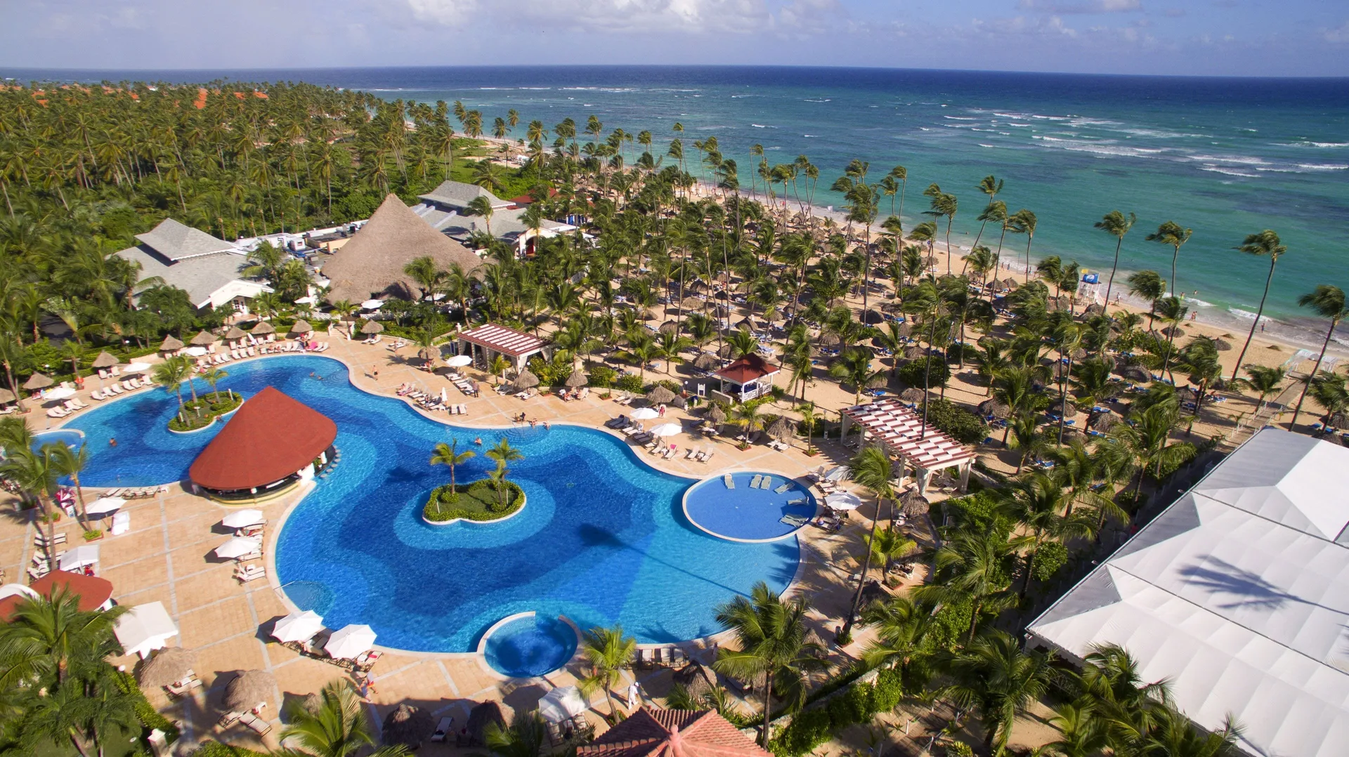 Aerial view of the main pool, palms, and beach at Bahia Principe Escape Ambar.
