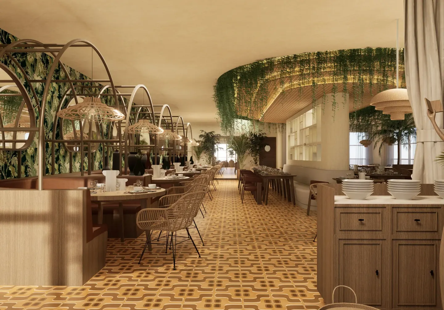 Buffet-style dining room with bowls and wicker seating at Bahia Principe Explore Esmeralda.