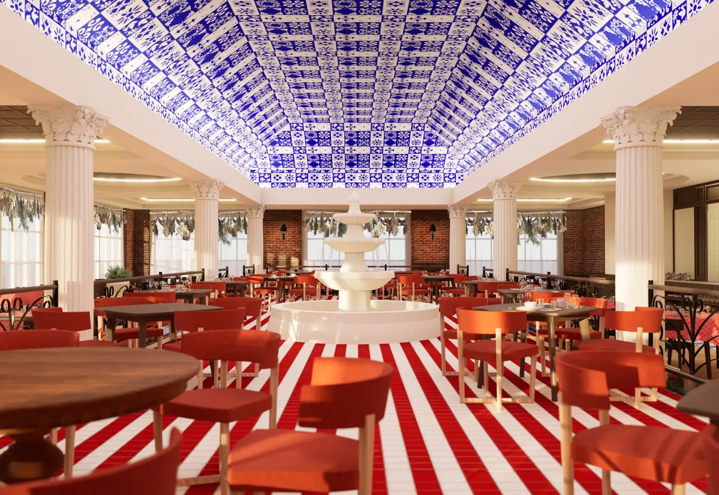 Italian-style dining room with red chairs at Bahia Principe Explore Esmeralda.