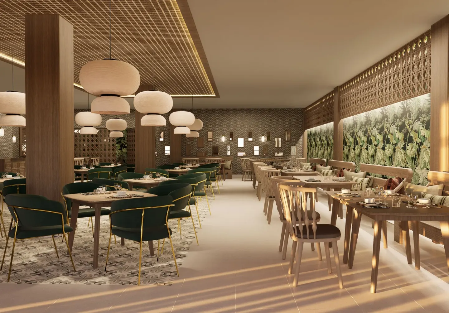 Large restaurant dining room with pendant lights at Bahia Principe Explore Esmeralda.