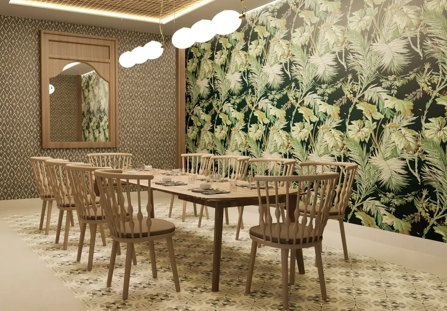 Private dining room with botanical wallpaper at Bahia Principe Explore Esmeralda.