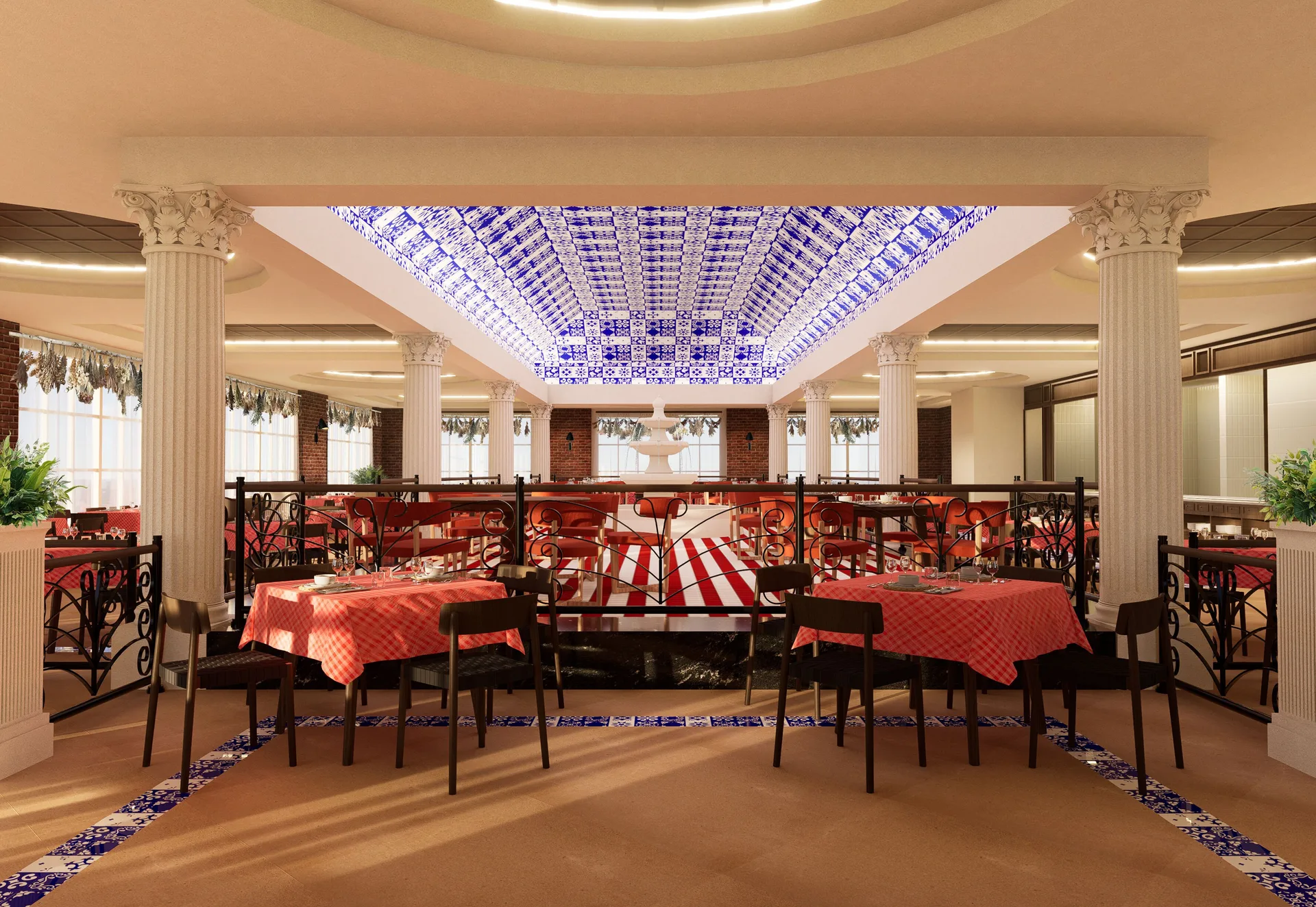 Mexican-style dining room with red tablecloths at Bahia Principe Explore Esmeralda.