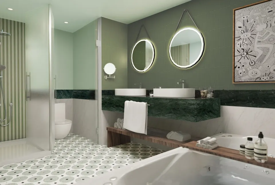 Junior Suite Deluxe Swim Up bathroom with tub and double vanity at Bahia Principe Explore Esmeralda.