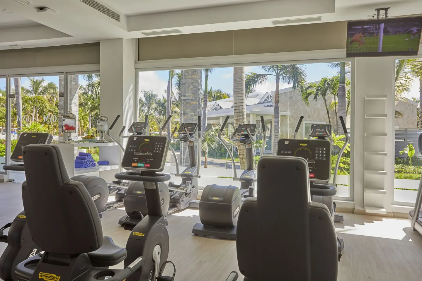 Exercise bikes and cardio machines face garden windows at Bahia Principe Grand Aquamarine.