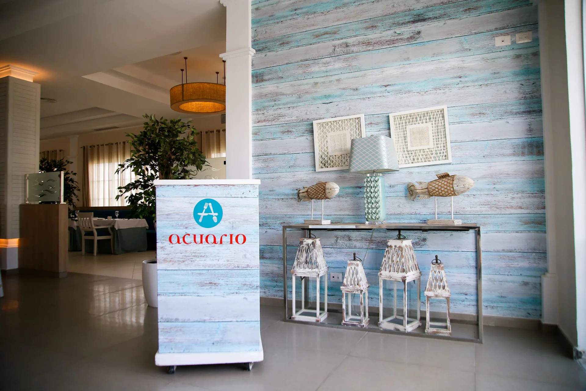 Acuario sign and nautical decor inside Bahia Principe Grand Aquamarine.