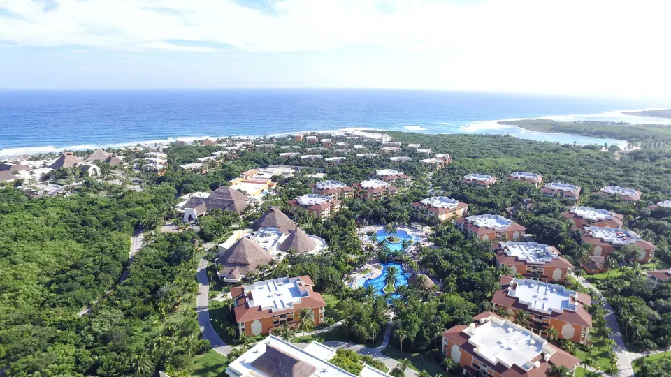 Aerial view of the Bahia Principe Grand Coba resort grounds and coastline