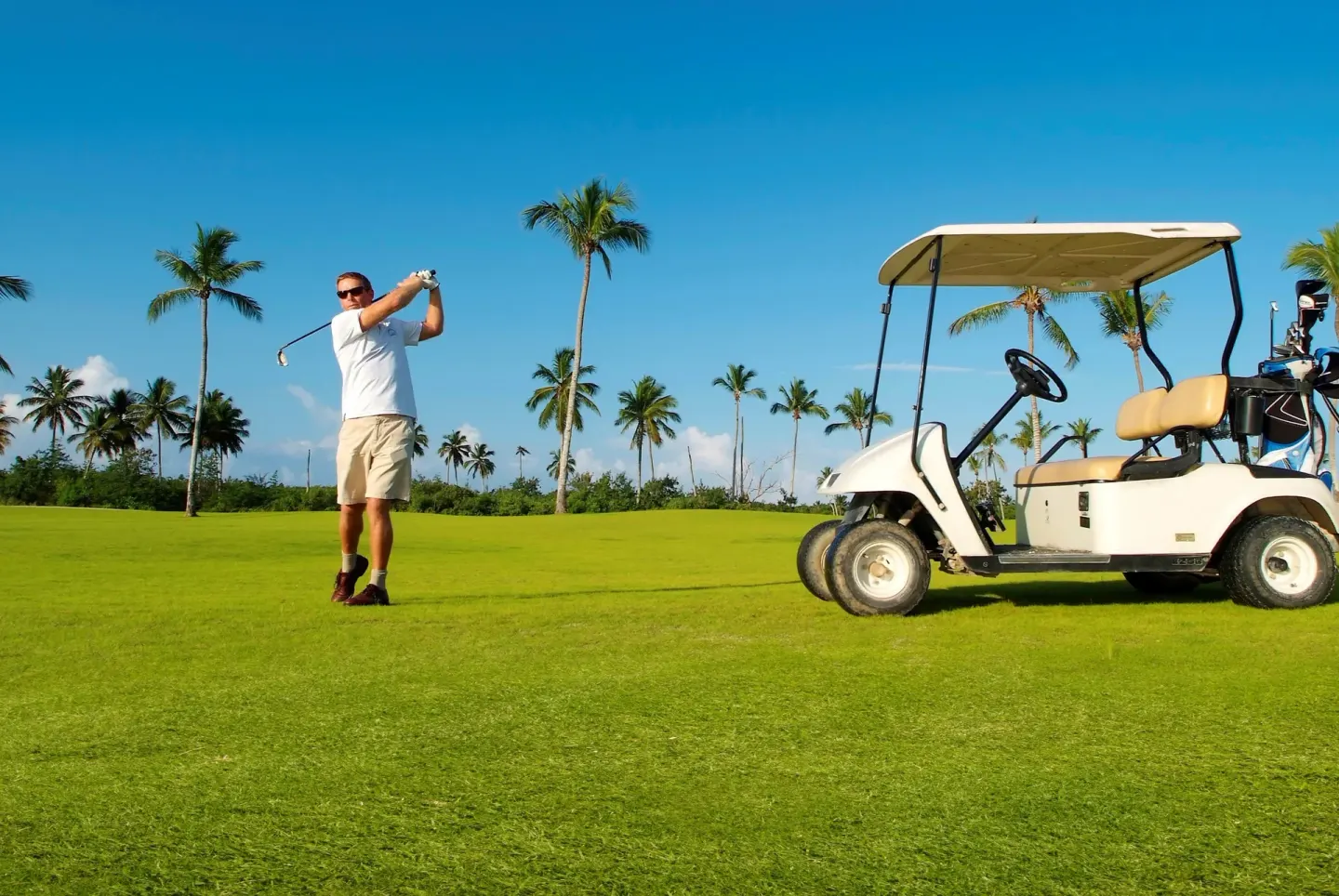 Golfer and golf cart on a palm-lined course at Bahia Principe Grand La Romana.