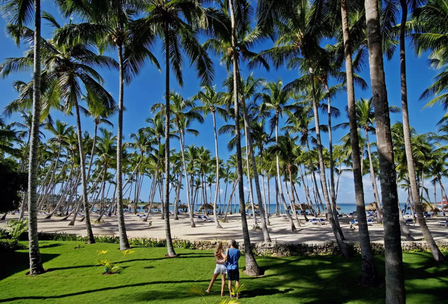 Palm-lined beach and lawn at Bahia Principe Grand La Romana.