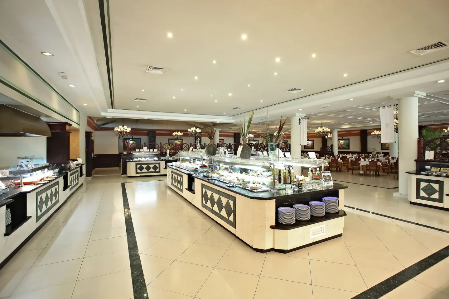 Buffet counters and dining area at Bahia Principe Grand La Romana.