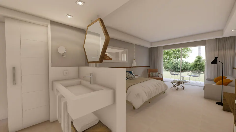 Bright Premium Room with vanity near entrance and bed facing garden at Bahia Principe Grand Tulum