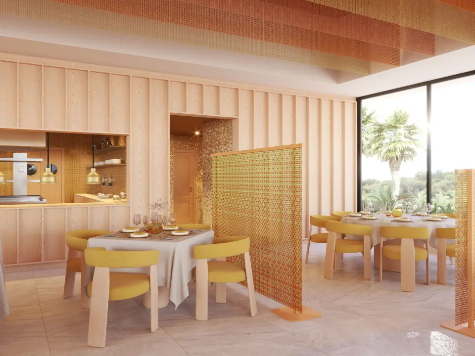 Intimate dining room with pale wood walls and yellow-accent chairs at Bahia Principe Luxury Akumal
