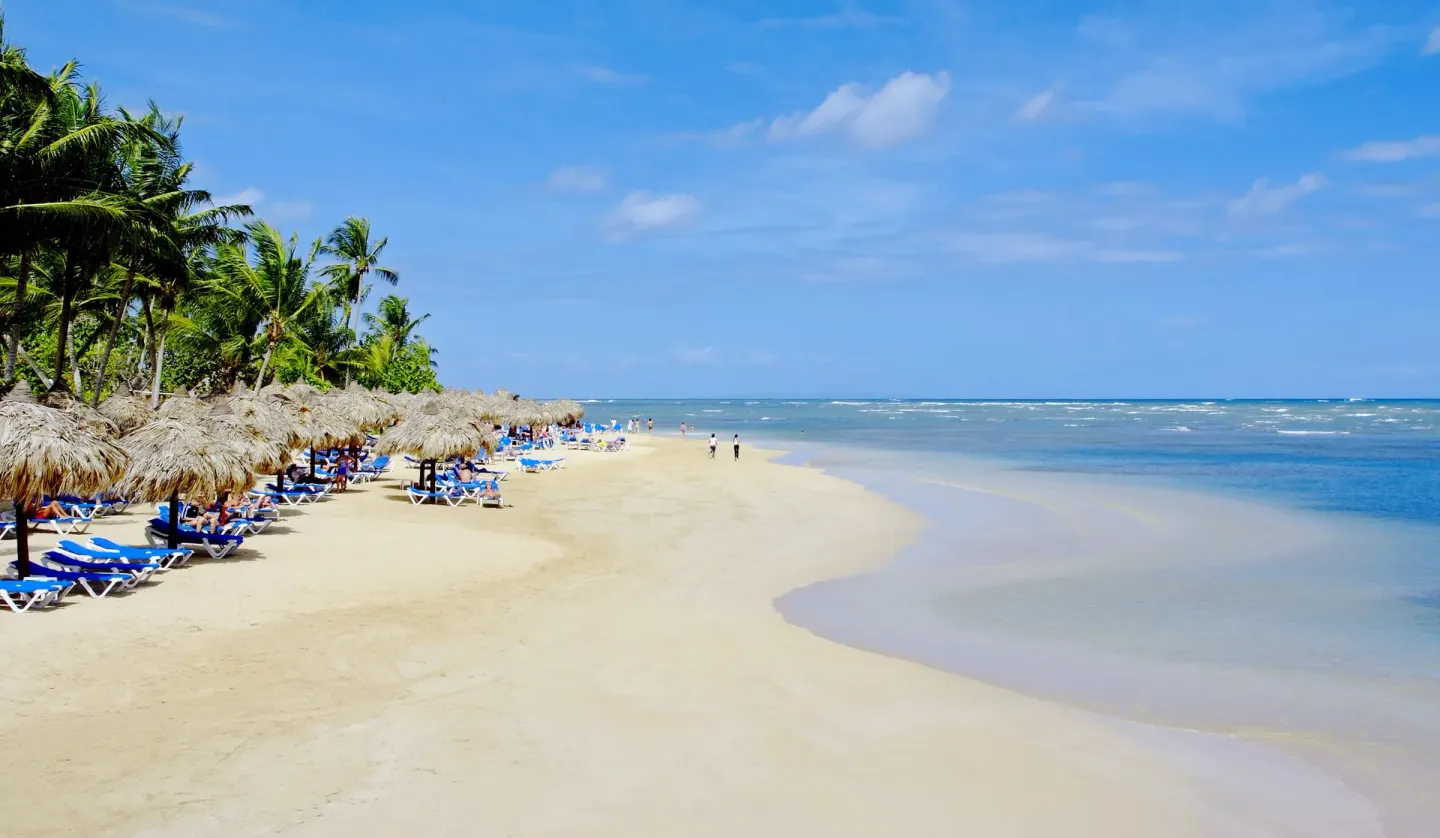 Sandy beach with blue loungers and palm shade at Bahia Principe Luxury Bouganville.