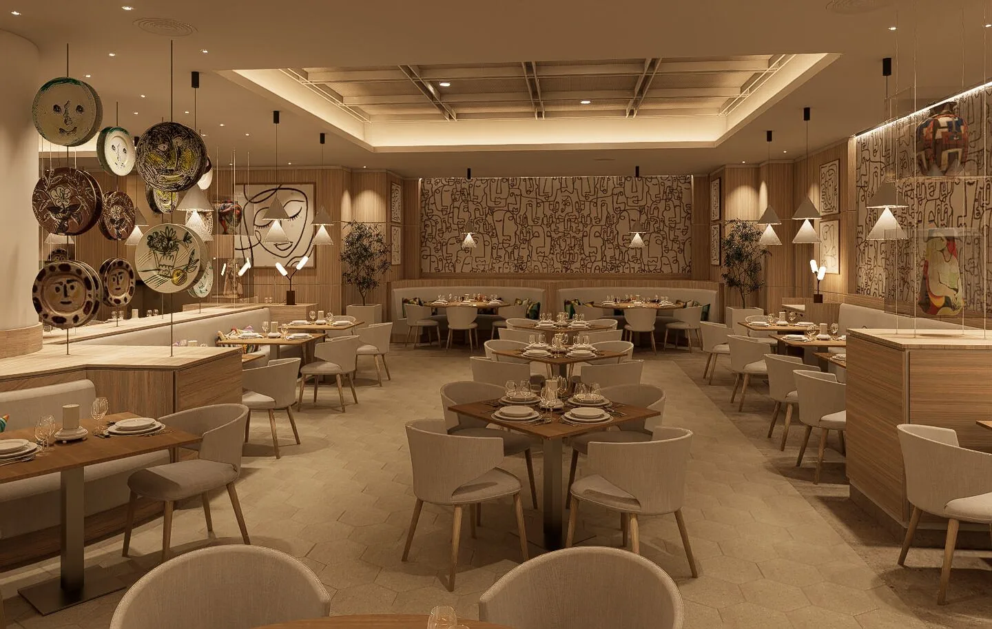 Art-lined restaurant dining room with set tables at Bahia Principe Luxury Runaway Bay.