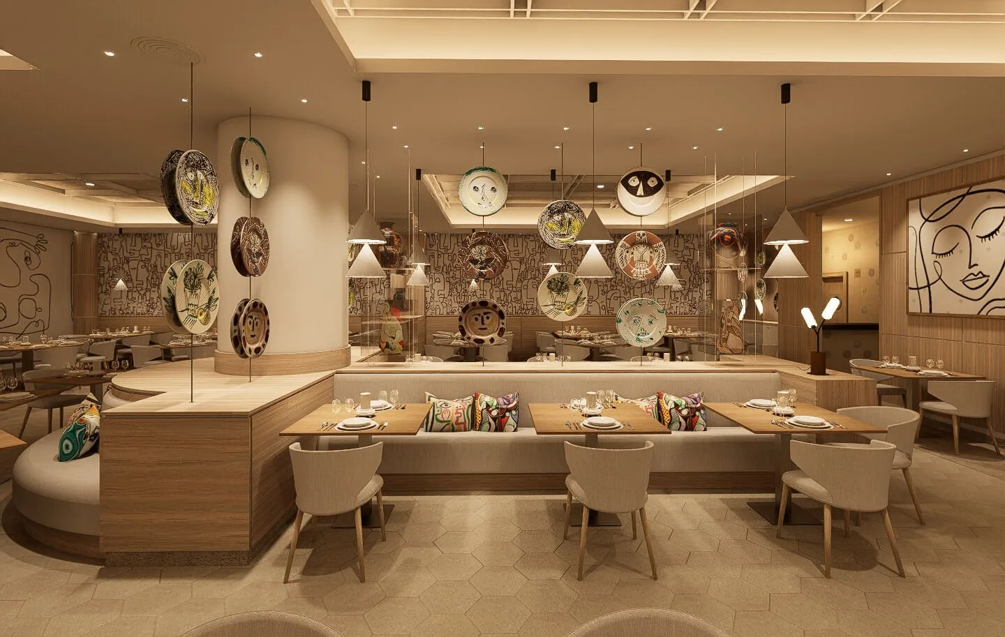 Banquette seating and decorative plates in a restaurant at Bahia Principe Luxury Runaway Bay.