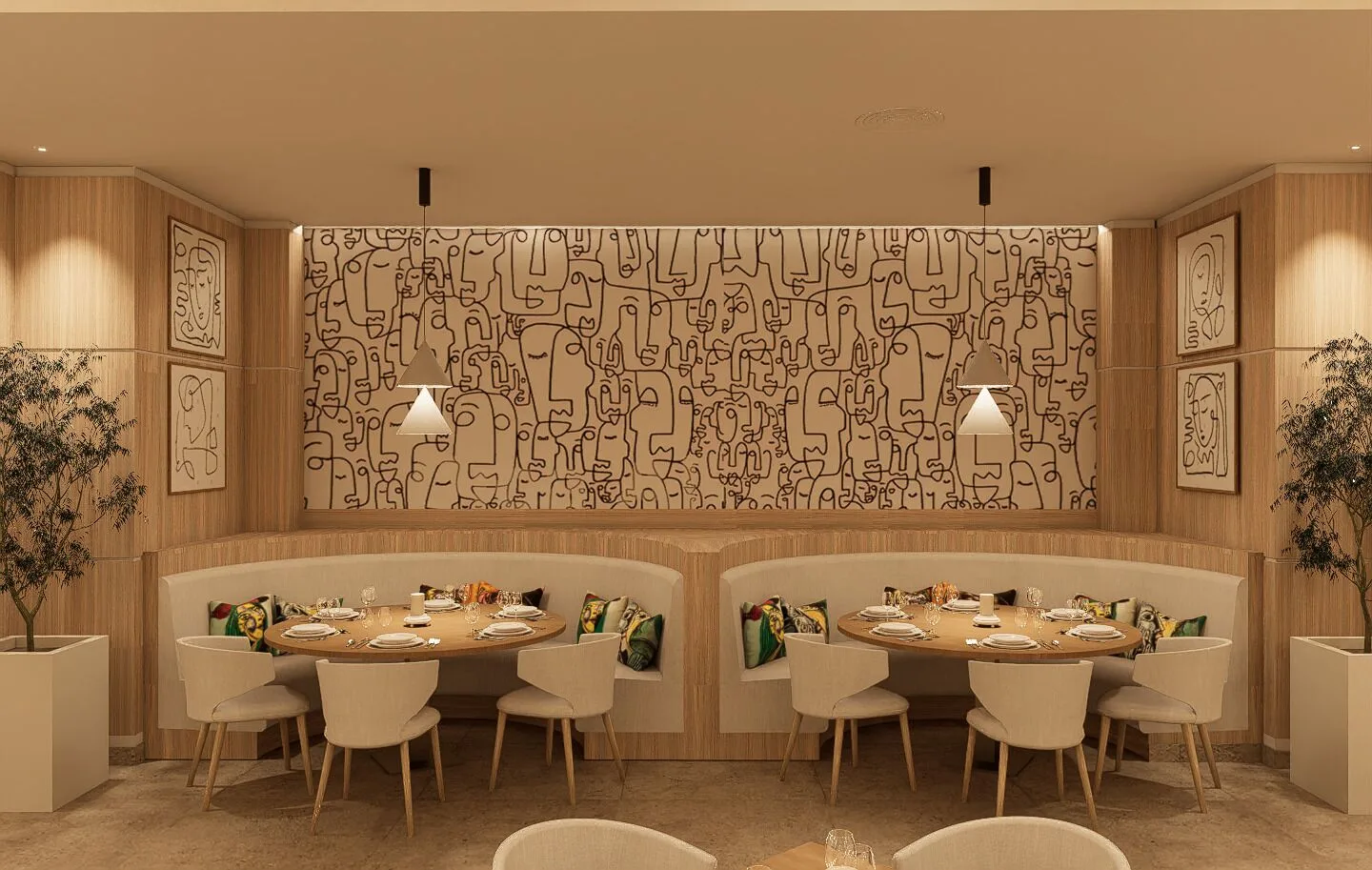 Curved booth tables under illustrated wall panels at Bahia Principe Luxury Runaway Bay.