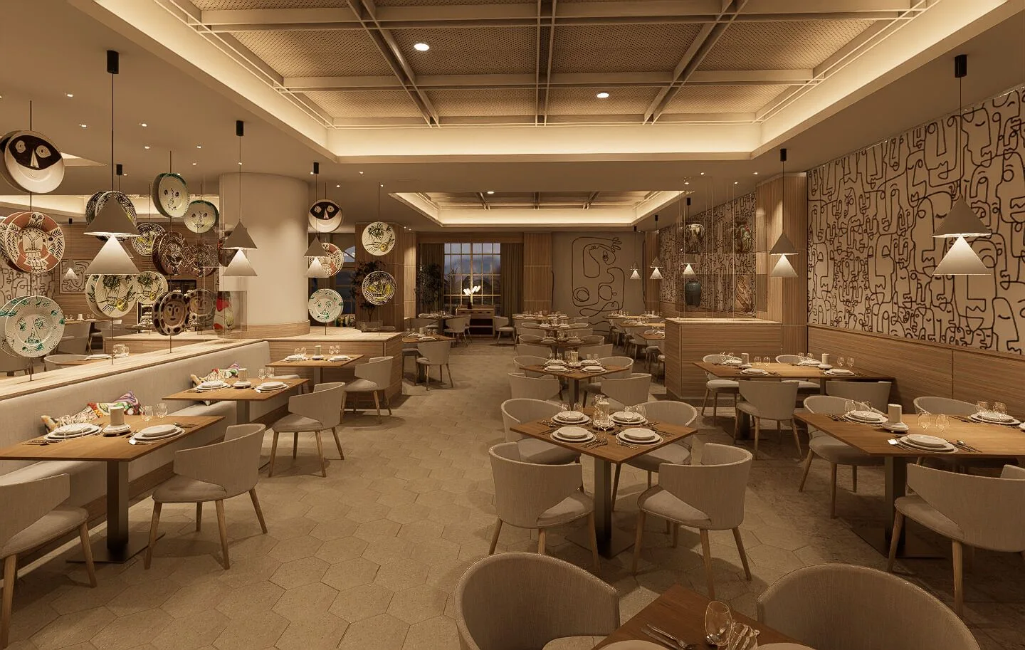 Spacious restaurant with patterned wall art at Bahia Principe Luxury Runaway Bay.