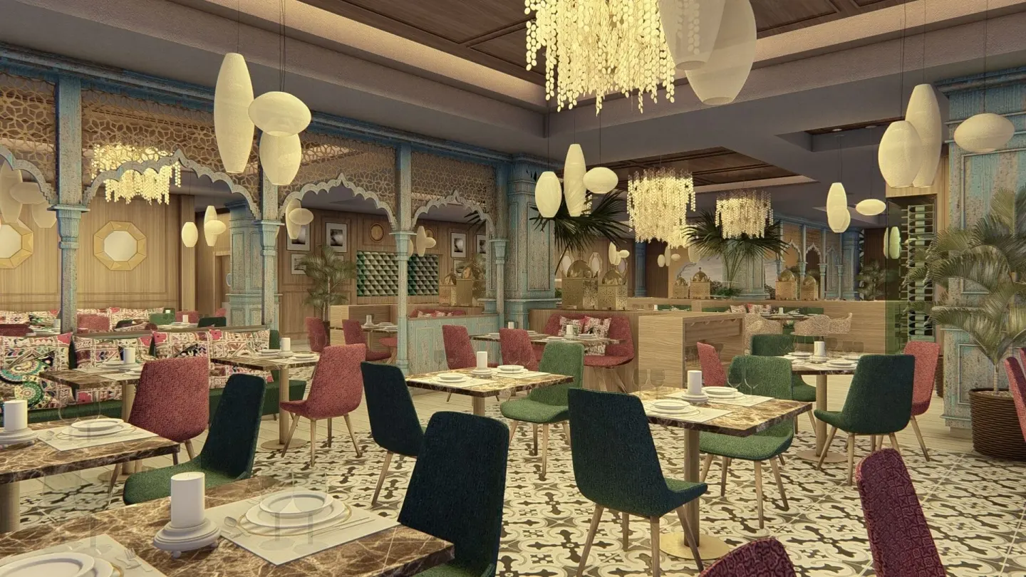 Indian-style dining room with set tables at Bahia Principe Luxury Runaway Bay.