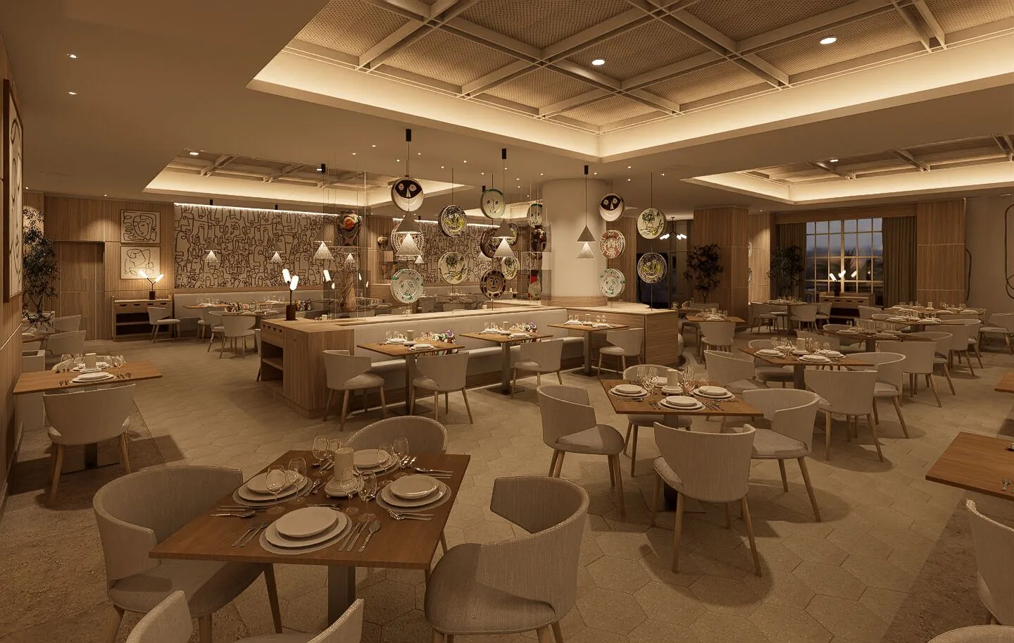 Wide restaurant dining room with plate displays at Bahia Principe Luxury Runaway Bay.