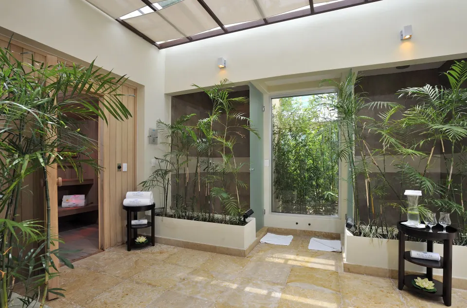 Bright indoor spa area with skylight, plants and glass-enclosed showers at Bahia Principe Luxury Sian Ka'an