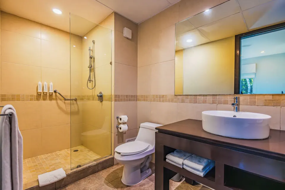 Bathroom with walk-in glass shower, toilet and vanity in junior suite at Bahia Principe Luxury Sian Ka'an