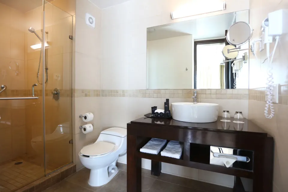 Modern bathroom with glass shower and vessel sink in a Junior Suite at Bahia Principe Luxury Sian Ka'an