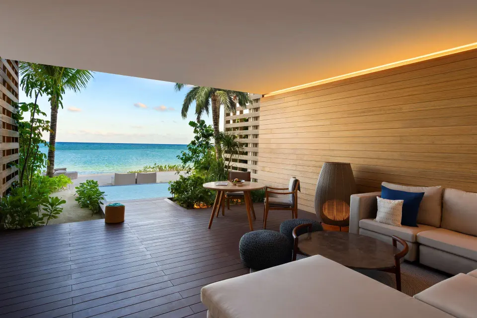 Beachfront Terrace Pool Suite covered terrace and pool at Banyan Tree Mayakoba.