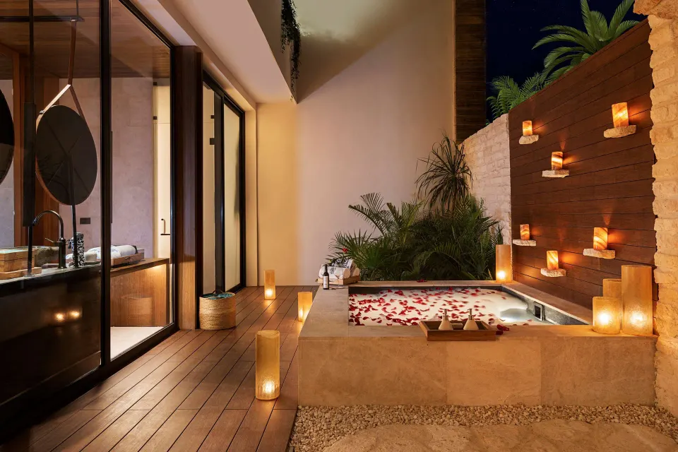 Beachfront Terrace Pool Suite plunge pool with candles at Banyan Tree Mayakoba.