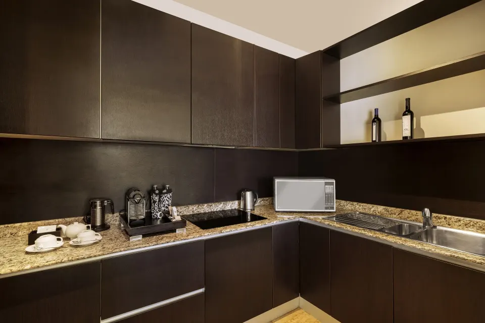 Kitchenette in the Harmony Three-Bedroom Beachfront Pool villa at Banyan Tree Mayakoba.