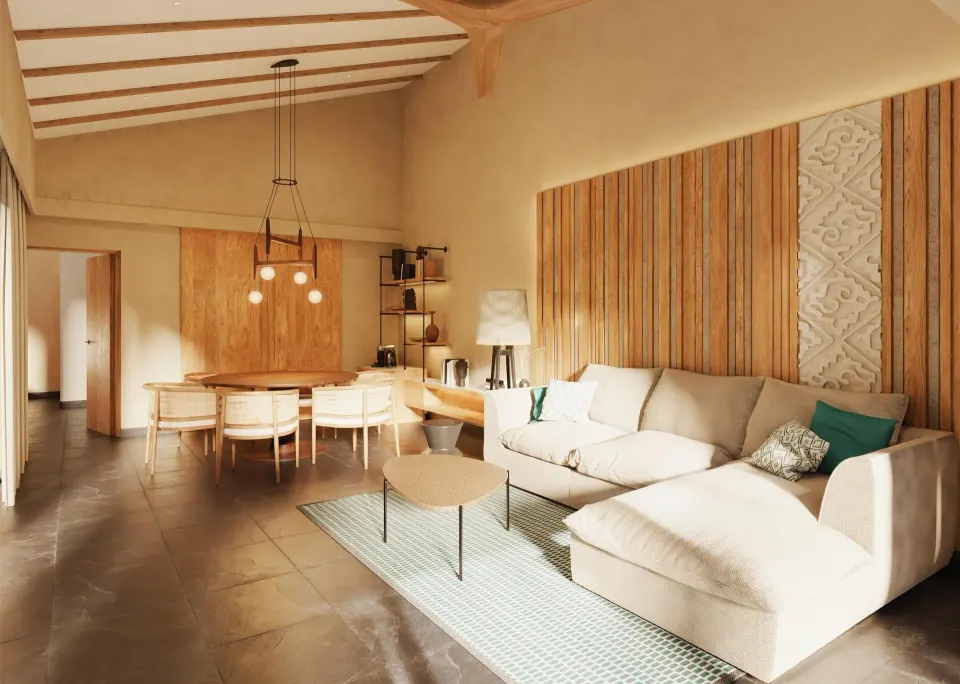 Living and dining room in the Harmony Three-Bedroom Beachfront Pool villa at Banyan Tree Mayakoba.