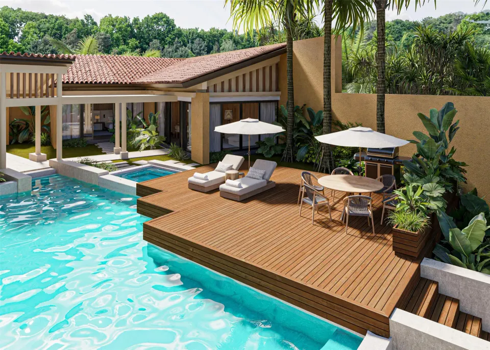 Pool deck at the Harmony Three-Bedroom Beachfront Pool villa at Banyan Tree Mayakoba.