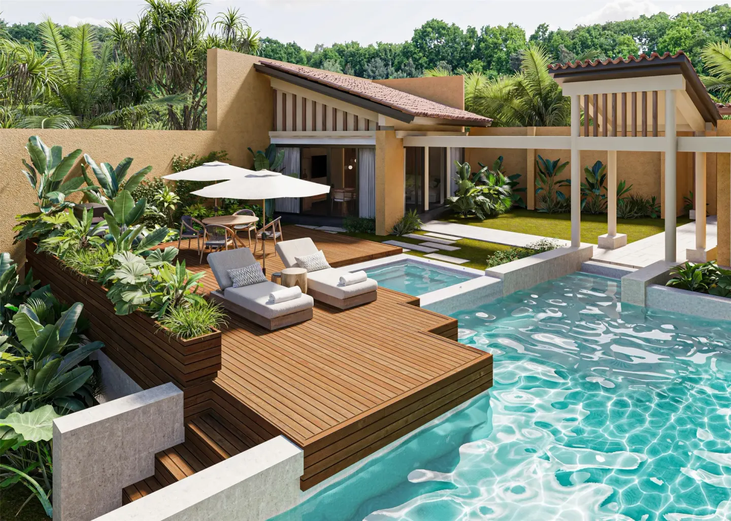 Private pool deck of the Harmony Two-Bedroom Lagoon Pool Villa at Banyan Tree Mayakoba.