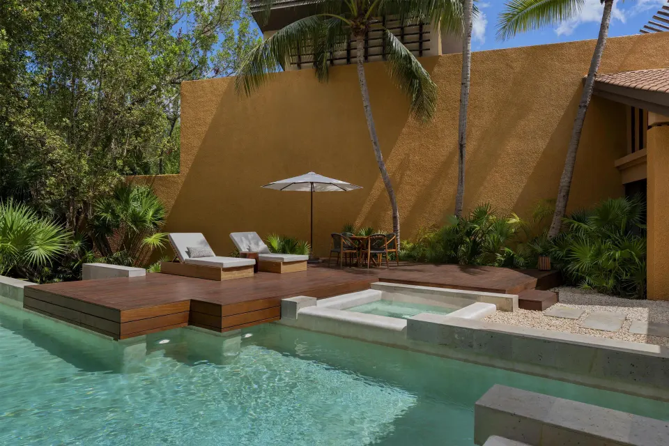 Private pool terrace of the Serenity Two Bedroom Pool Villa at Banyan Tree Mayakoba.