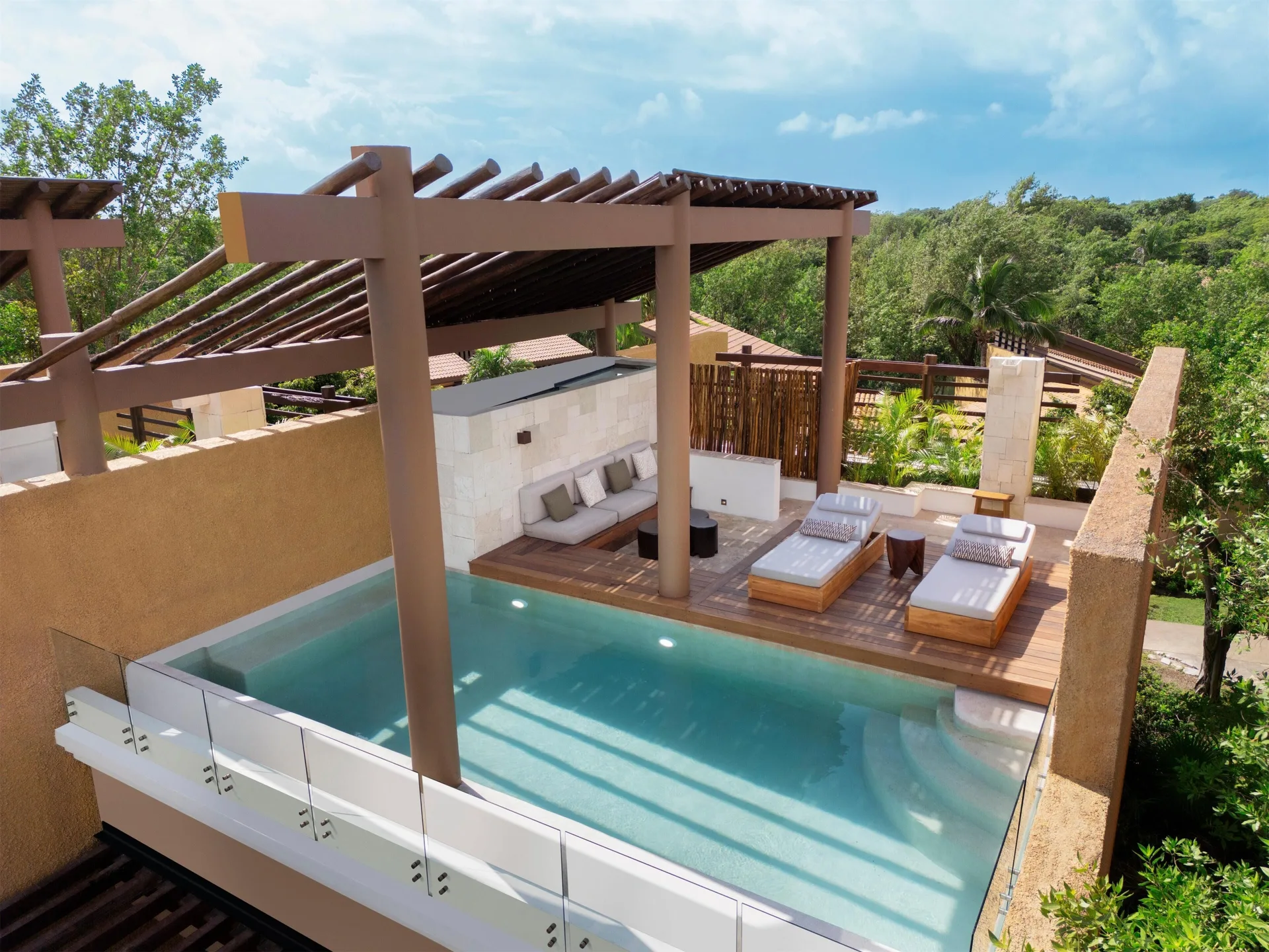 Elevated private pool terrace in a Three-Bedroom Family Residence at Banyan Tree Mayakoba.